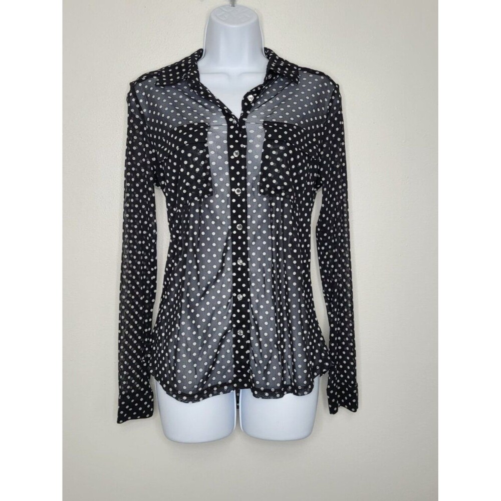 Y2k Inc black white polka dot semi sheer button front quirky long sleeve top M